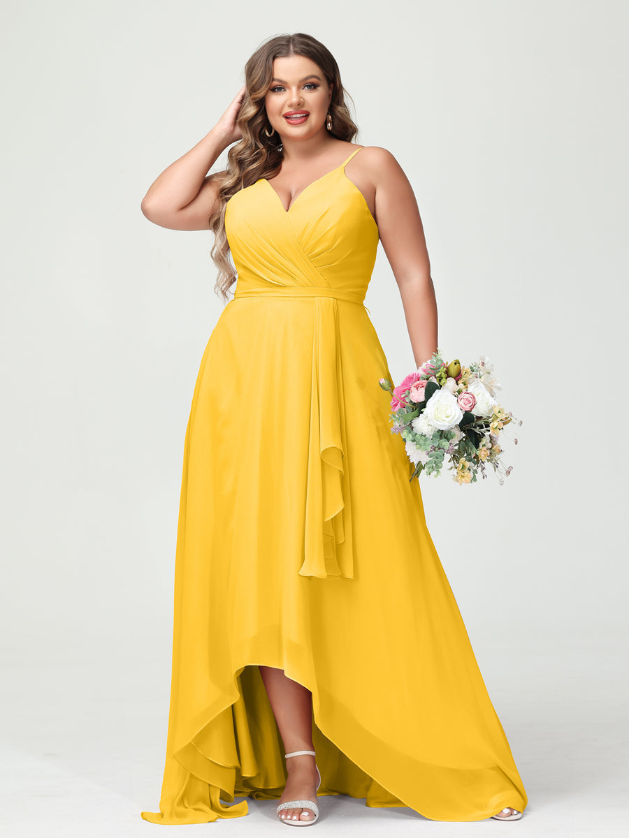 A-Line/Princess Spaghetti Straps Chiffon Ruffles Asymmetrical Plus Size Bridesmaid Dresses with Pockets Gold
