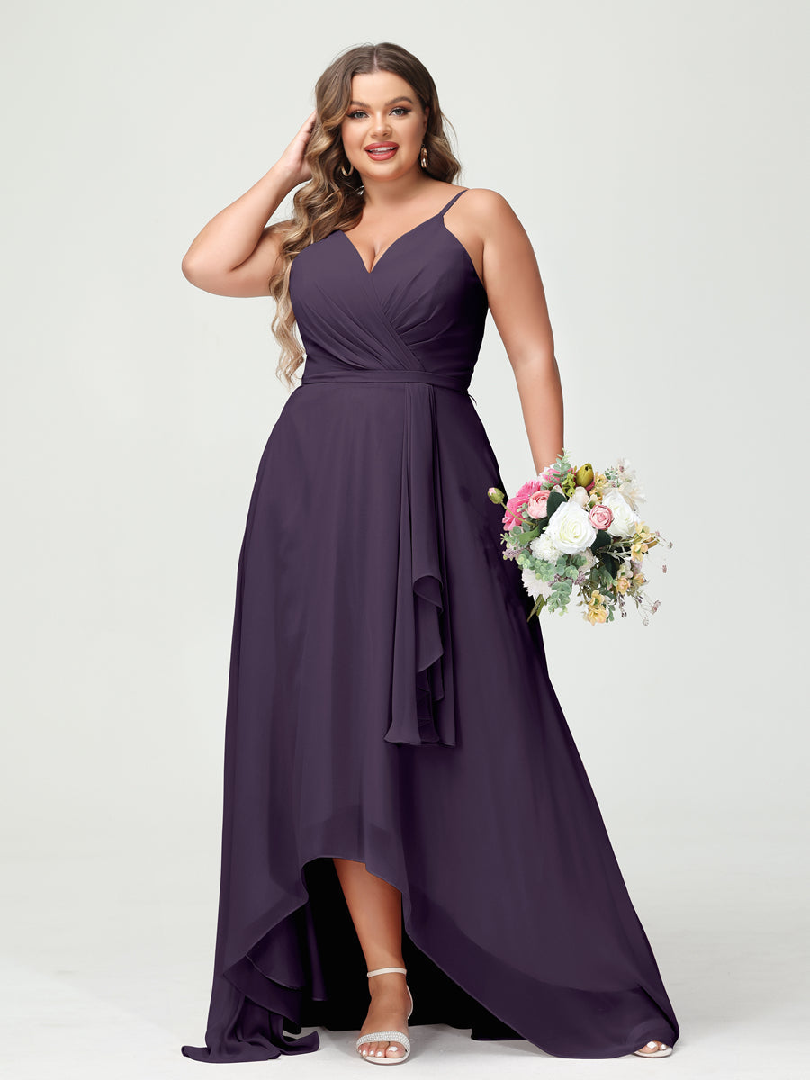 A-Line/Princess Spaghetti Straps Chiffon Ruffles Asymmetrical Plus Size Bridesmaid Dresses with Pockets Grape