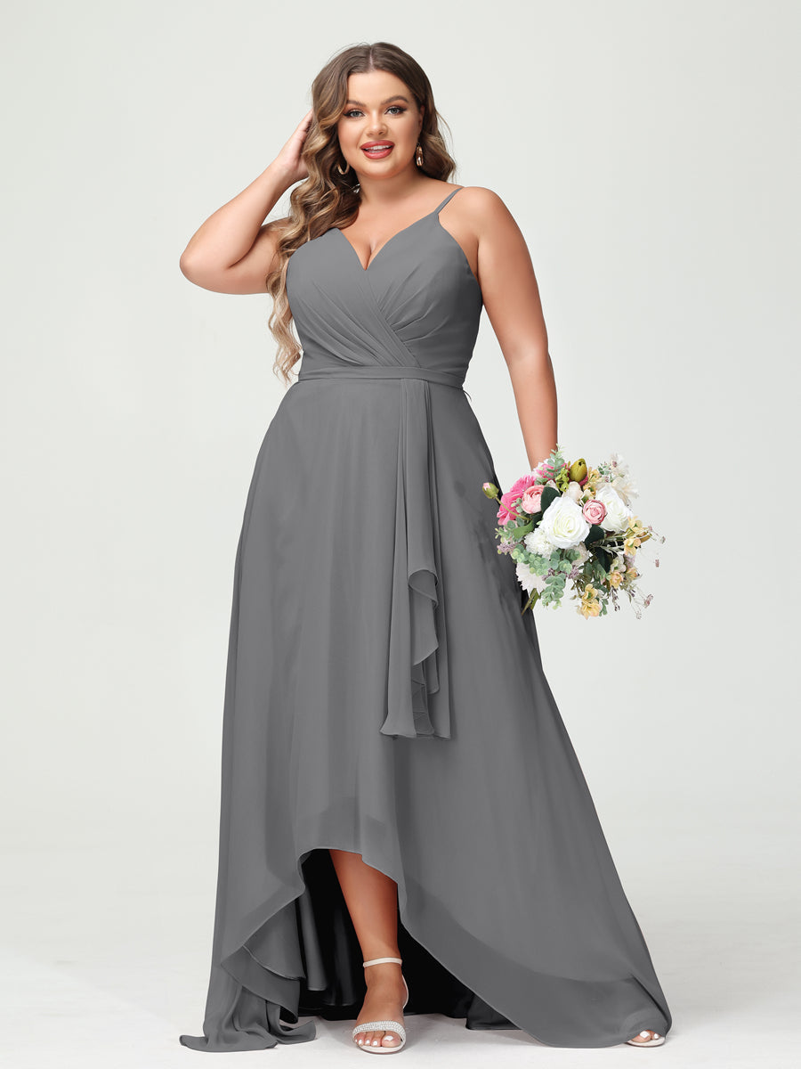 A-Line/Princess Spaghetti Straps Chiffon Ruffles Asymmetrical Plus Size Bridesmaid Dresses with Pockets Gray