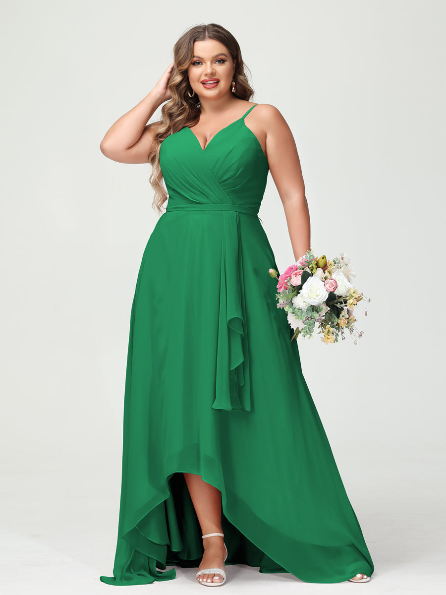 A-Line/Princess Spaghetti Straps Chiffon Ruffles Asymmetrical Plus Size Bridesmaid Dresses with Pockets Green
