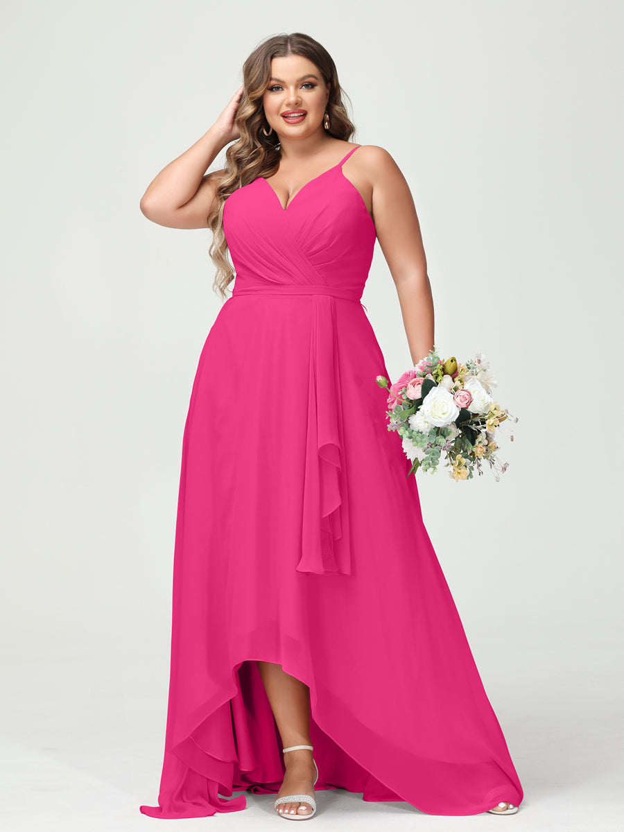 A-Line/Princess Spaghetti Straps Chiffon Ruffles Asymmetrical Plus Size Bridesmaid Dresses with Pockets Hot Pink
