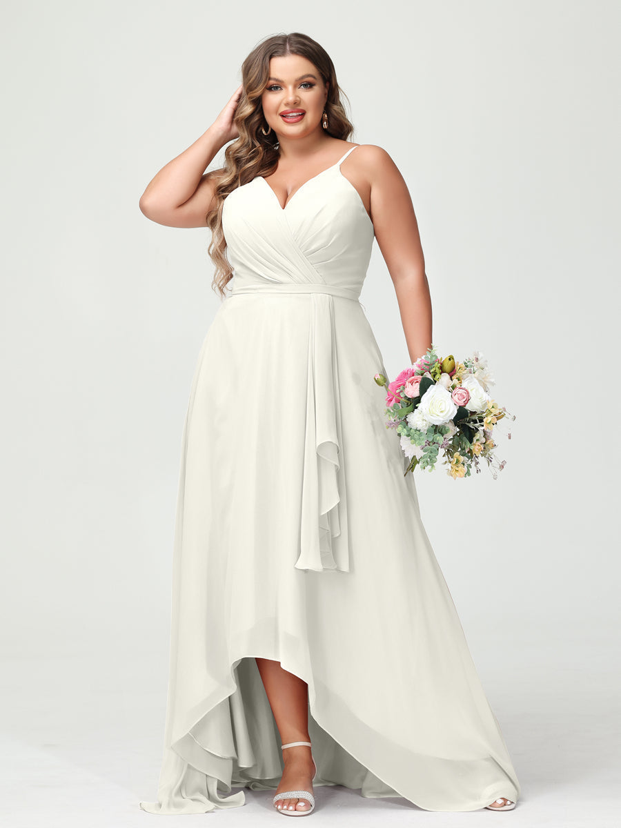 A-Line/Princess Spaghetti Straps Chiffon Ruffles Asymmetrical Plus Size Bridesmaid Dresses with Pockets Ivory