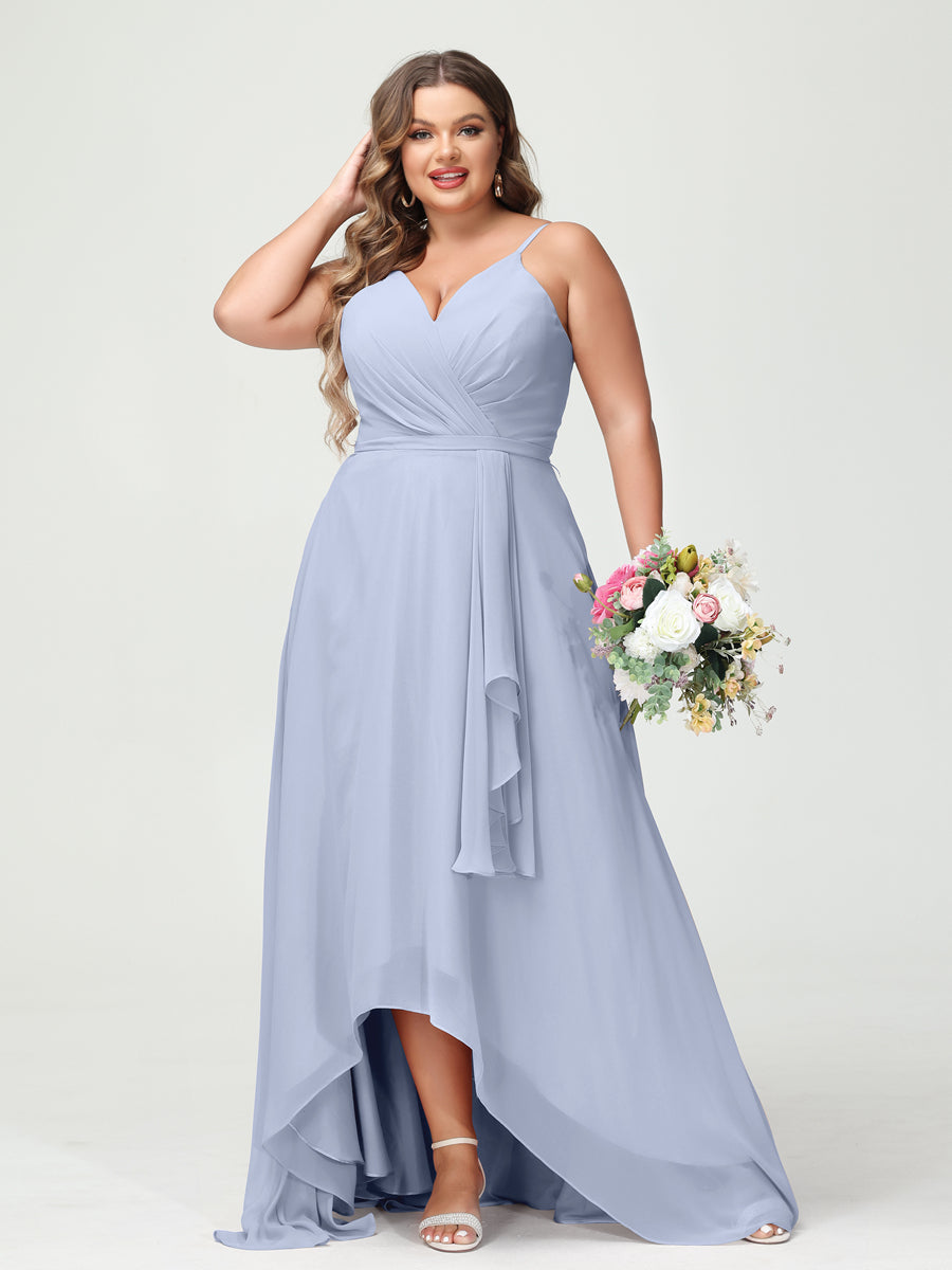 A-Line/Princess Spaghetti Straps Chiffon Ruffles Asymmetrical Plus Size Bridesmaid Dresses with Pockets Lavender