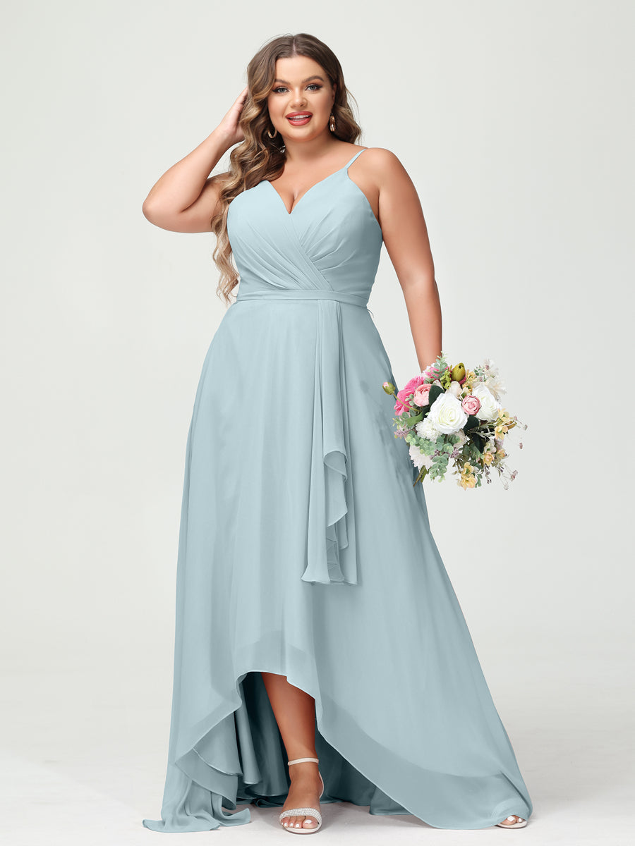 A-Line/Princess Spaghetti Straps Chiffon Ruffles Asymmetrical Plus Size Bridesmaid Dresses with Pockets Light Blue