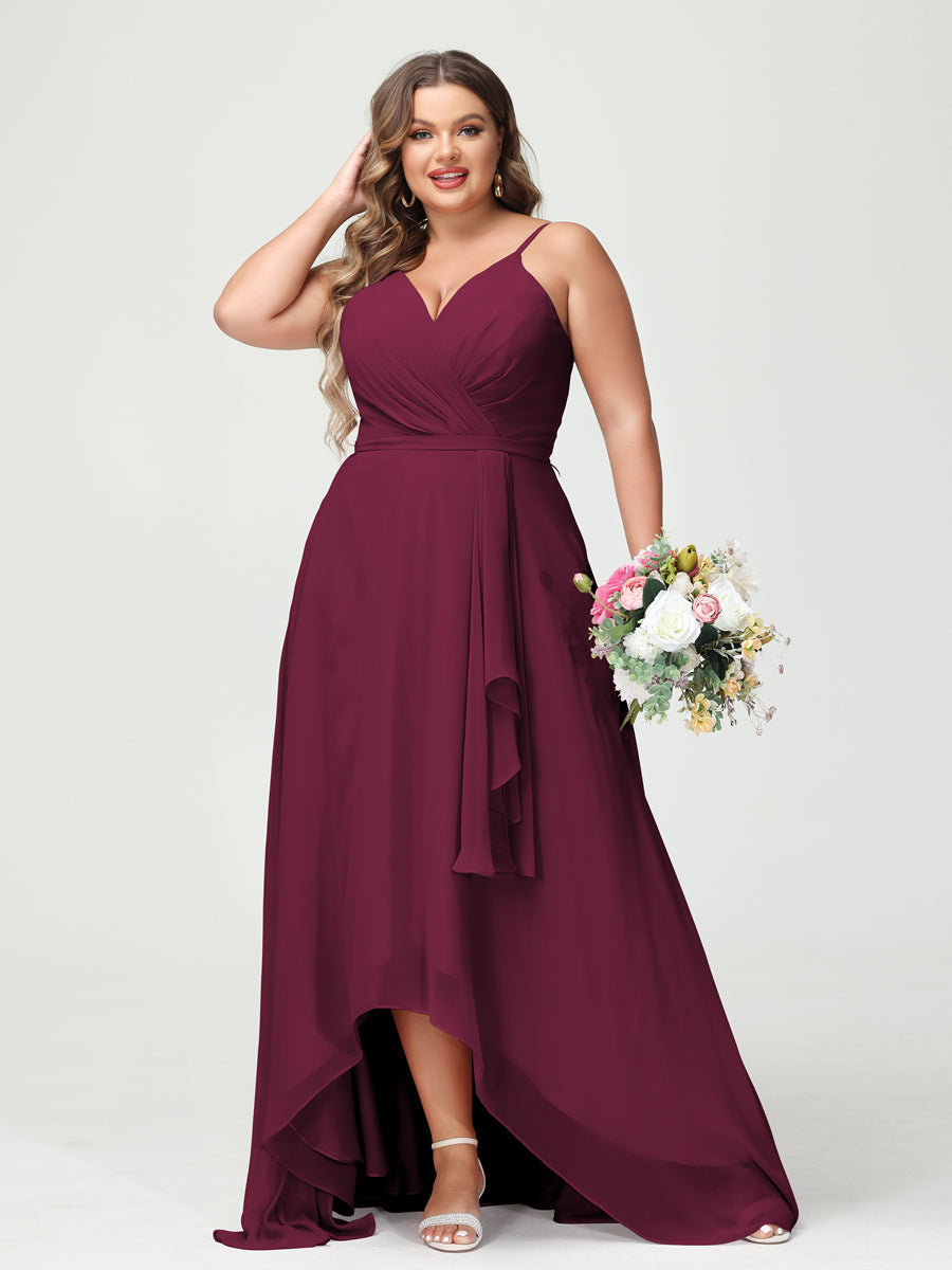 A-Line/Princess Spaghetti Straps Chiffon Ruffles Asymmetrical Plus Size Bridesmaid Dresses with Pockets Light Burgundy