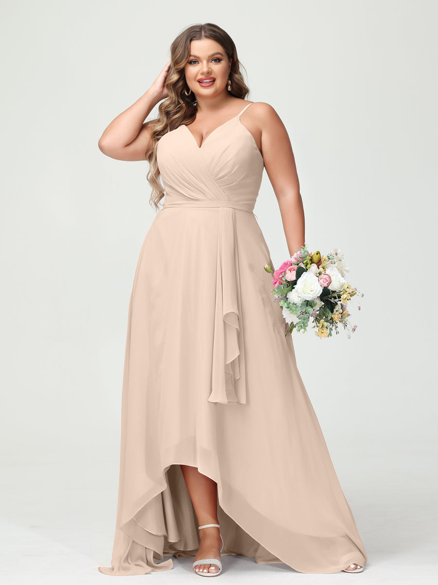 A-Line/Princess Spaghetti Straps Chiffon Ruffles Asymmetrical Plus Size Bridesmaid Dresses with Pockets Light Champagne