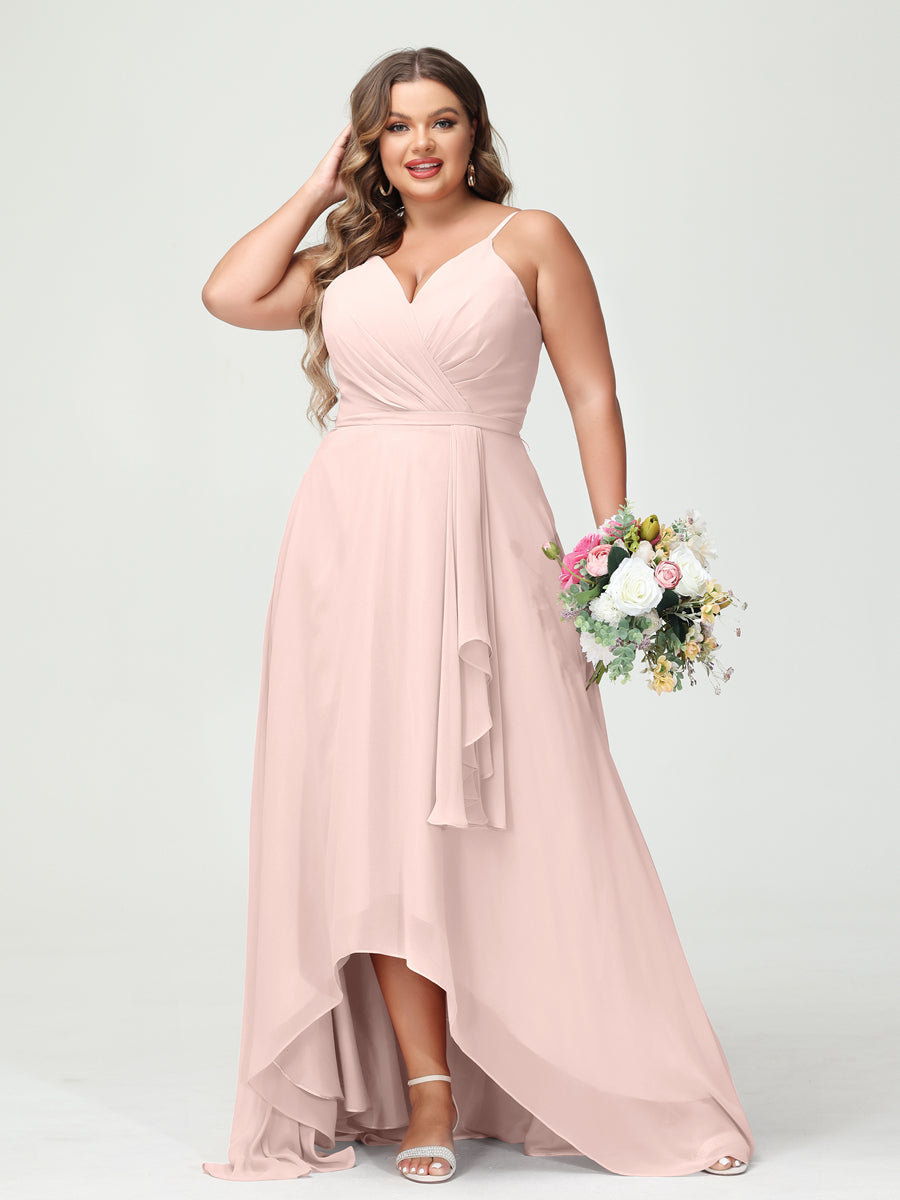 A-Line/Princess Spaghetti Straps Chiffon Ruffles Asymmetrical Plus Size Bridesmaid Dresses with Pockets Light Pink