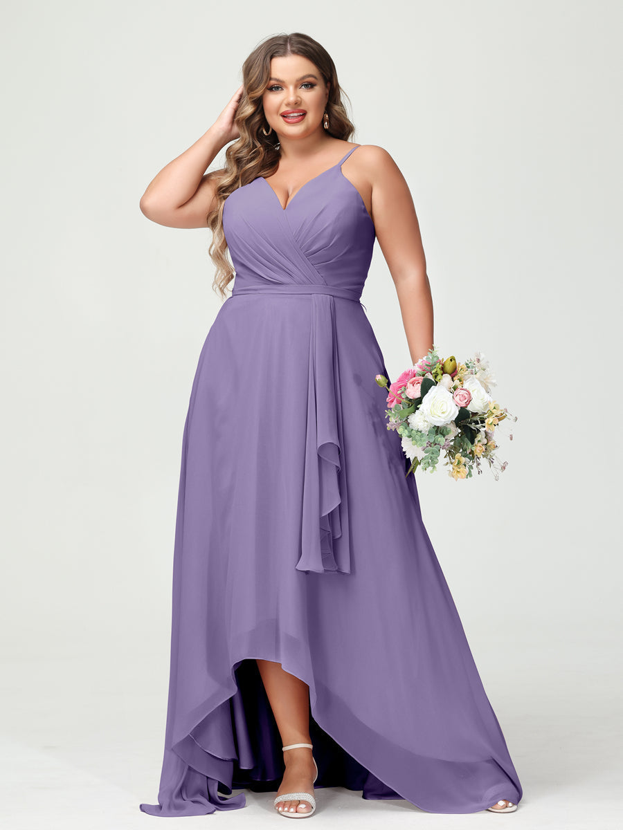 A-Line/Princess Spaghetti Straps Chiffon Ruffles Asymmetrical Plus Size Bridesmaid Dresses with Pockets Light Purple