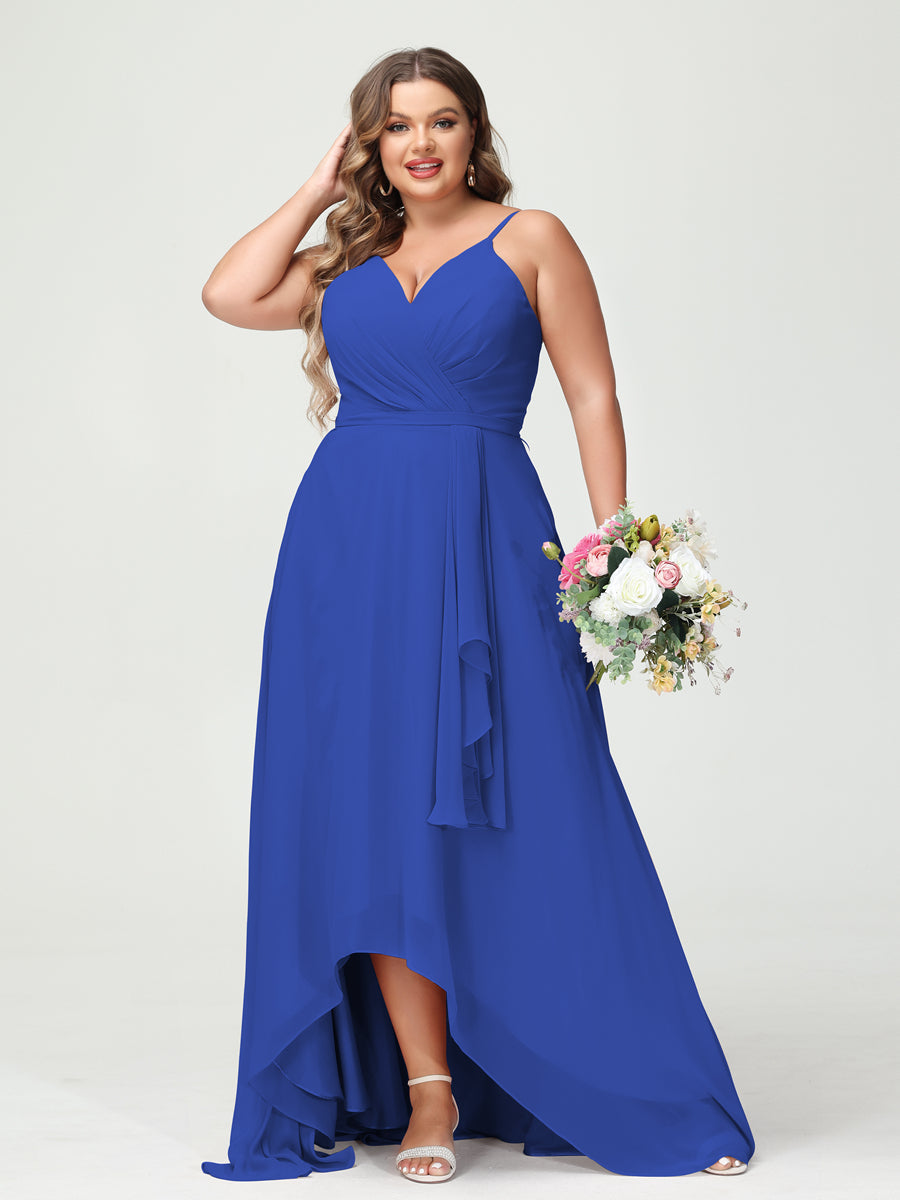 A-Line/Princess Spaghetti Straps Chiffon Ruffles Asymmetrical Plus Size Bridesmaid Dresses with Pockets Light Royal Blue