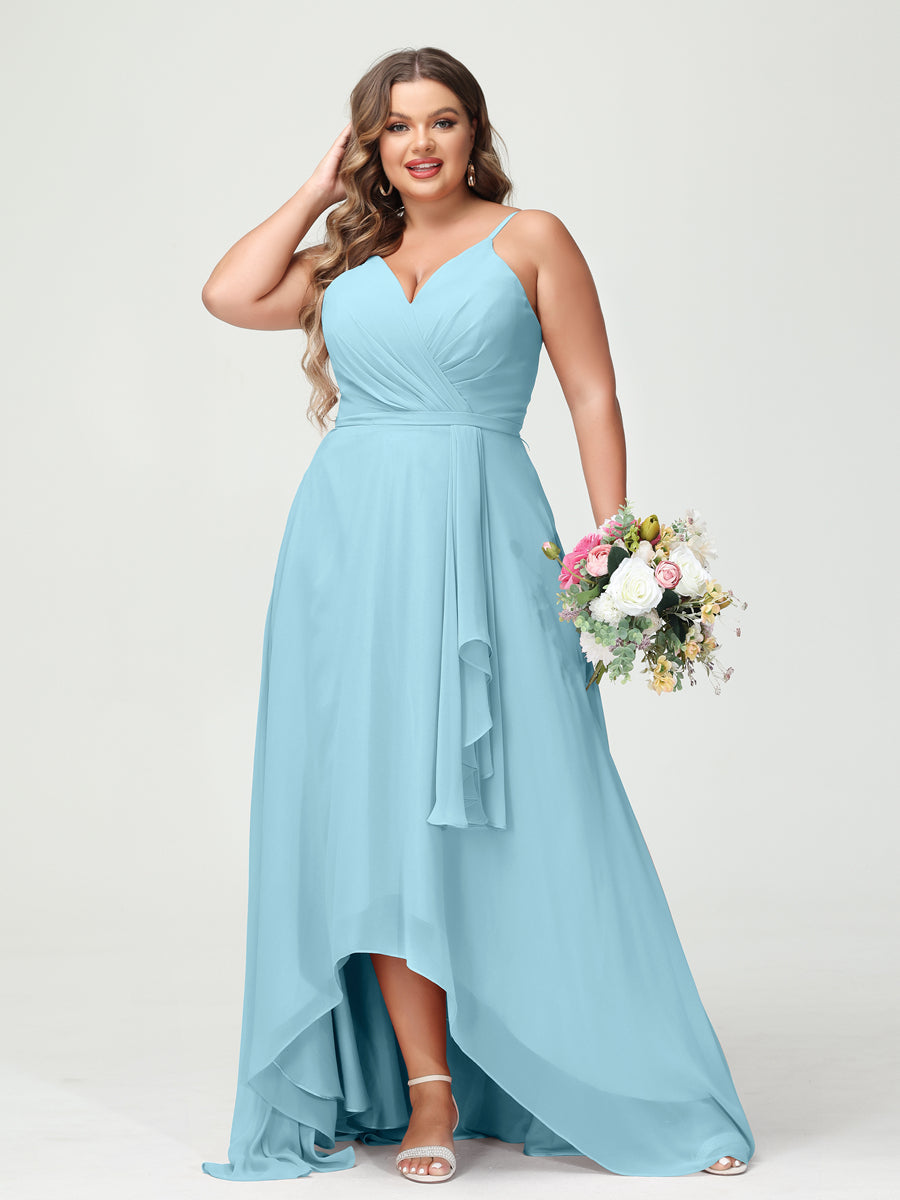 A-Line/Princess Spaghetti Straps Chiffon Ruffles Asymmetrical Plus Size Bridesmaid Dresses with Pockets Light Sky Blue