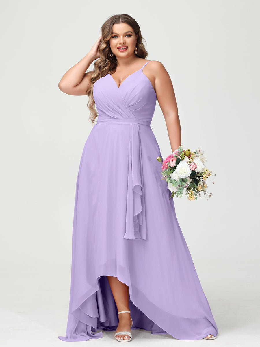 A-Line/Princess Spaghetti Straps Chiffon Ruffles Asymmetrical Plus Size Bridesmaid Dresses with Pockets Lilac
