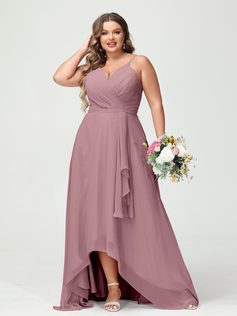 A-Line/Princess Spaghetti Straps Chiffon Ruffles Asymmetrical Plus Size Bridesmaid Dresses with Pockets Mauve