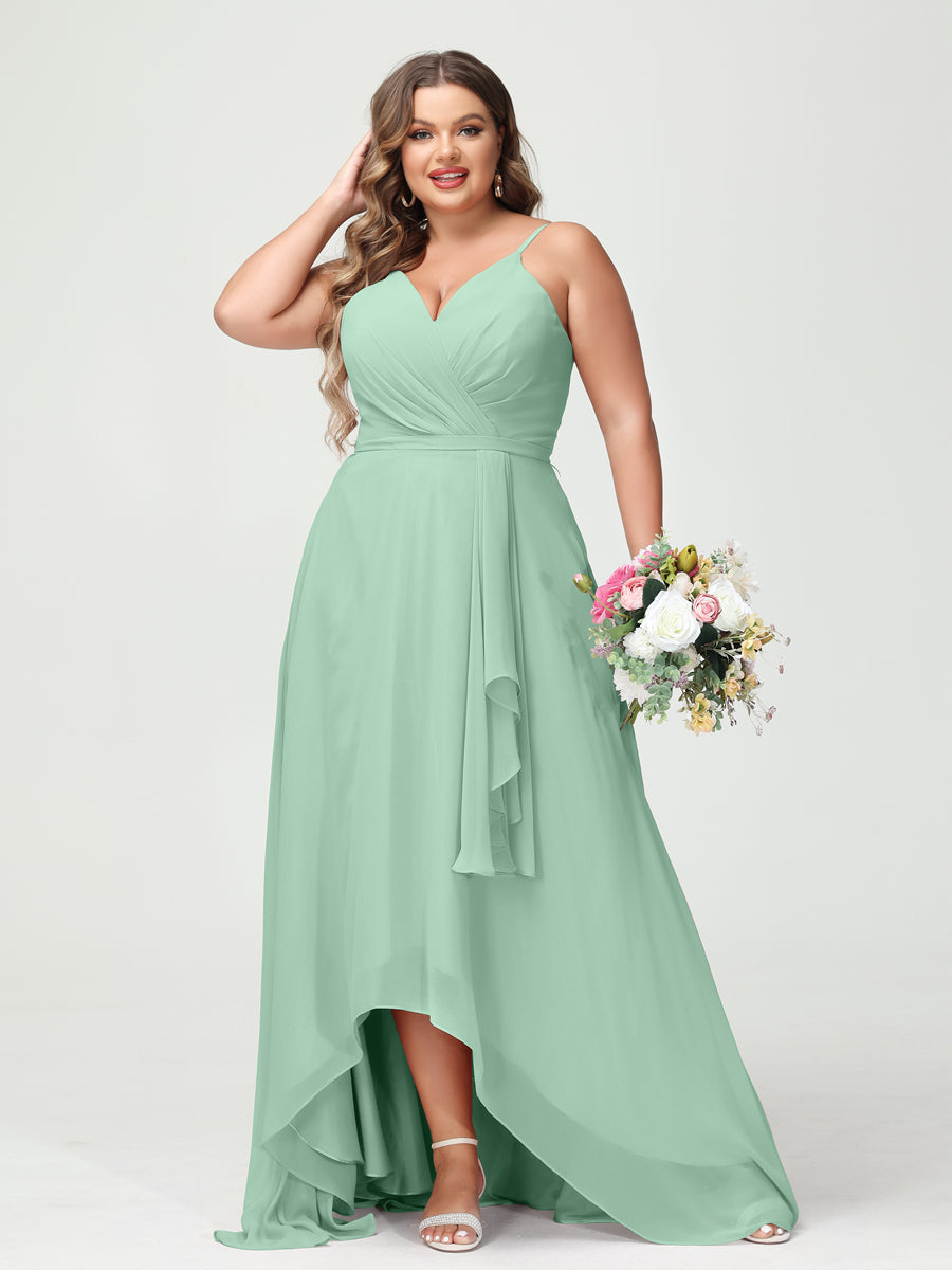 A-Line/Princess Spaghetti Straps Chiffon Ruffles Asymmetrical Plus Size Bridesmaid Dresses with Pockets Mint Green
