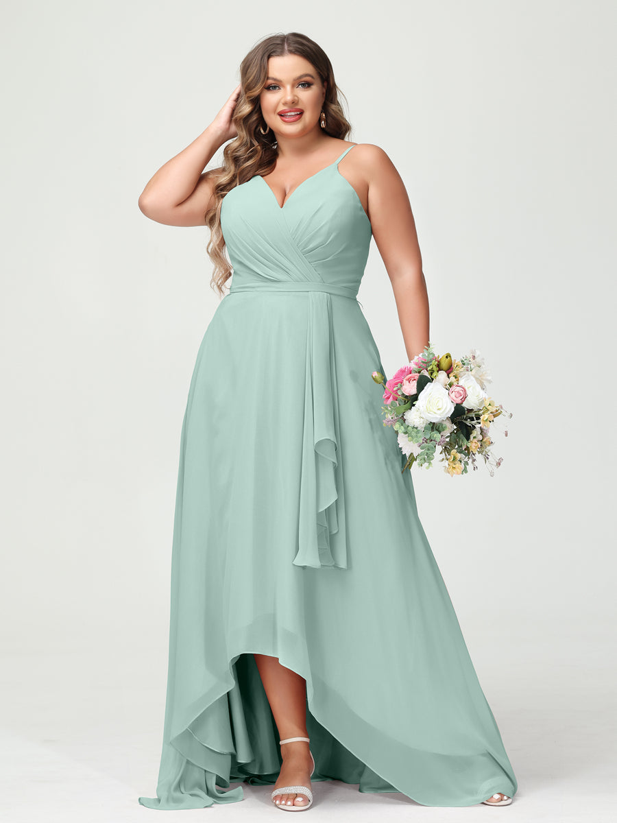 A-Line/Princess Spaghetti Straps Chiffon Ruffles Asymmetrical Plus Size Bridesmaid Dresses with Pockets Mist Blue