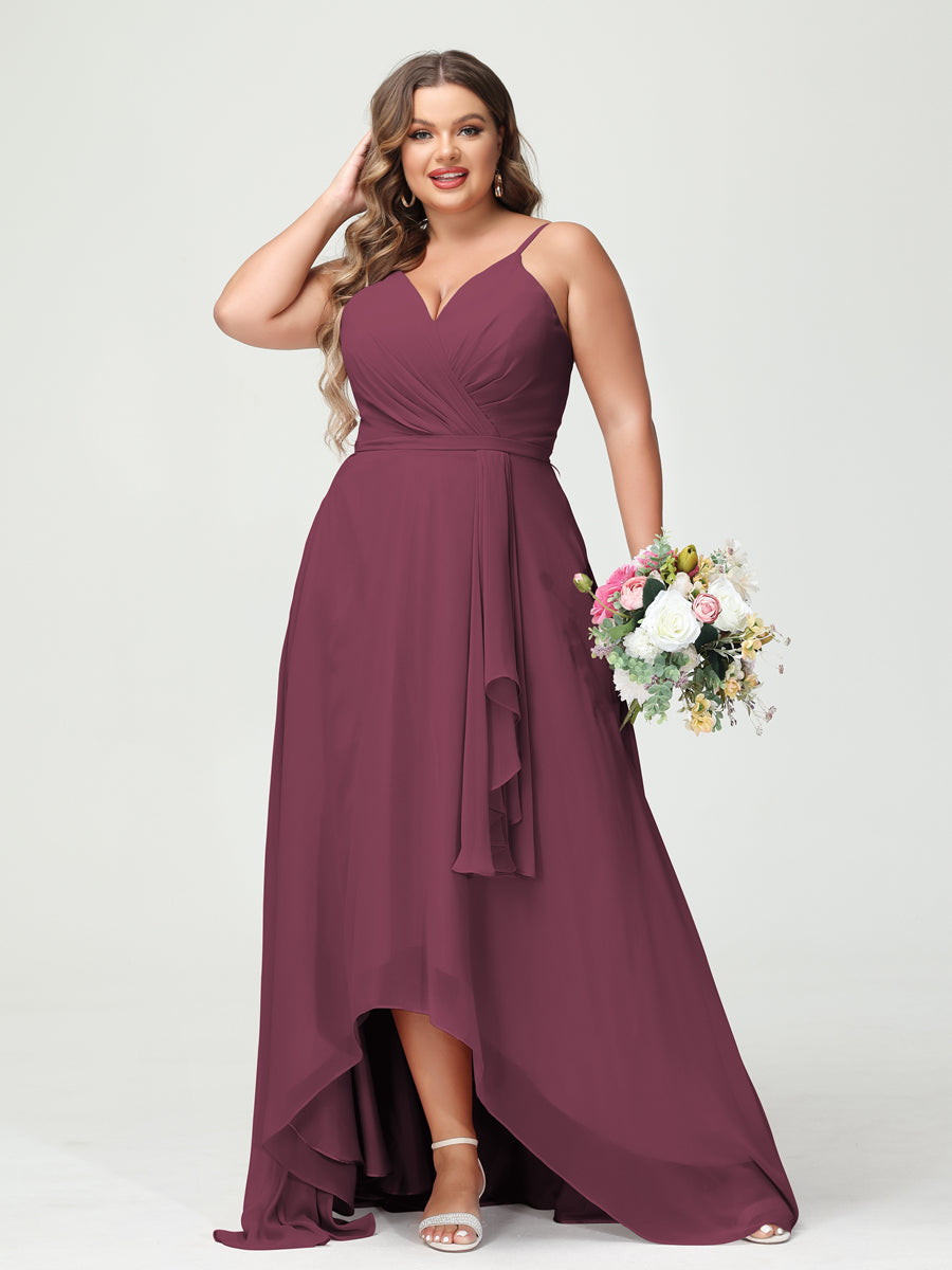 A-Line/Princess Spaghetti Straps Chiffon Ruffles Asymmetrical Plus Size Bridesmaid Dresses with Pockets Mulberry
