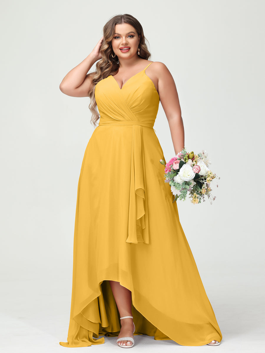A-Line/Princess Spaghetti Straps Chiffon Ruffles Asymmetrical Plus Size Bridesmaid Dresses with Pockets Mustard Yellow