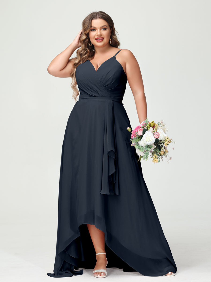 A-Line/Princess Spaghetti Straps Chiffon Ruffles Asymmetrical Plus Size Bridesmaid Dresses with Pockets Navy Blue