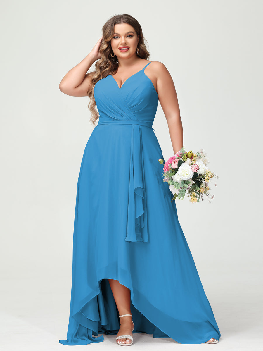 A-Line/Princess Spaghetti Straps Chiffon Ruffles Asymmetrical Plus Size Bridesmaid Dresses with Pockets Ocean Blue