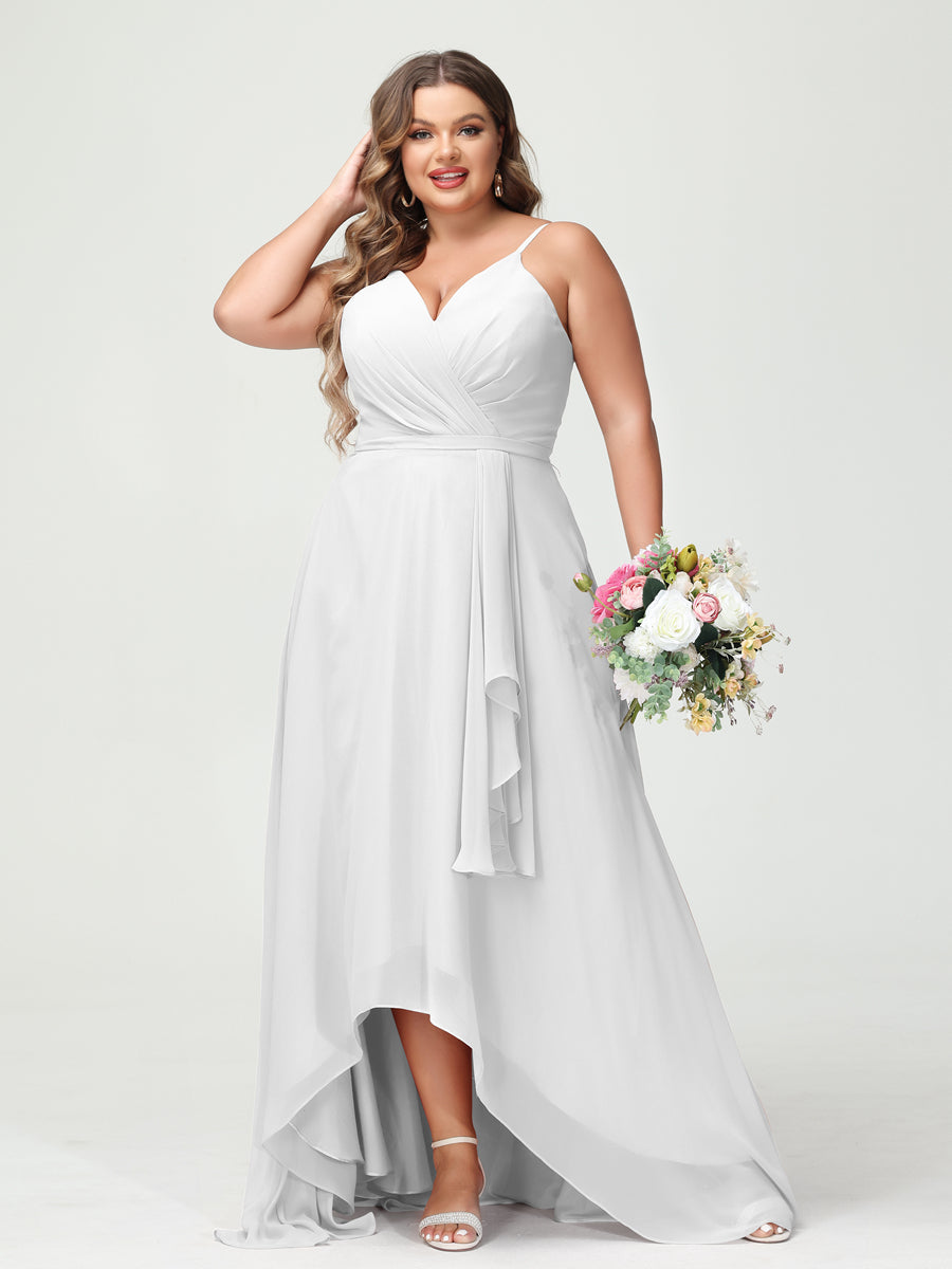 A-Line/Princess Spaghetti Straps Chiffon Ruffles Asymmetrical Plus Size Bridesmaid Dresses with Pockets Off White