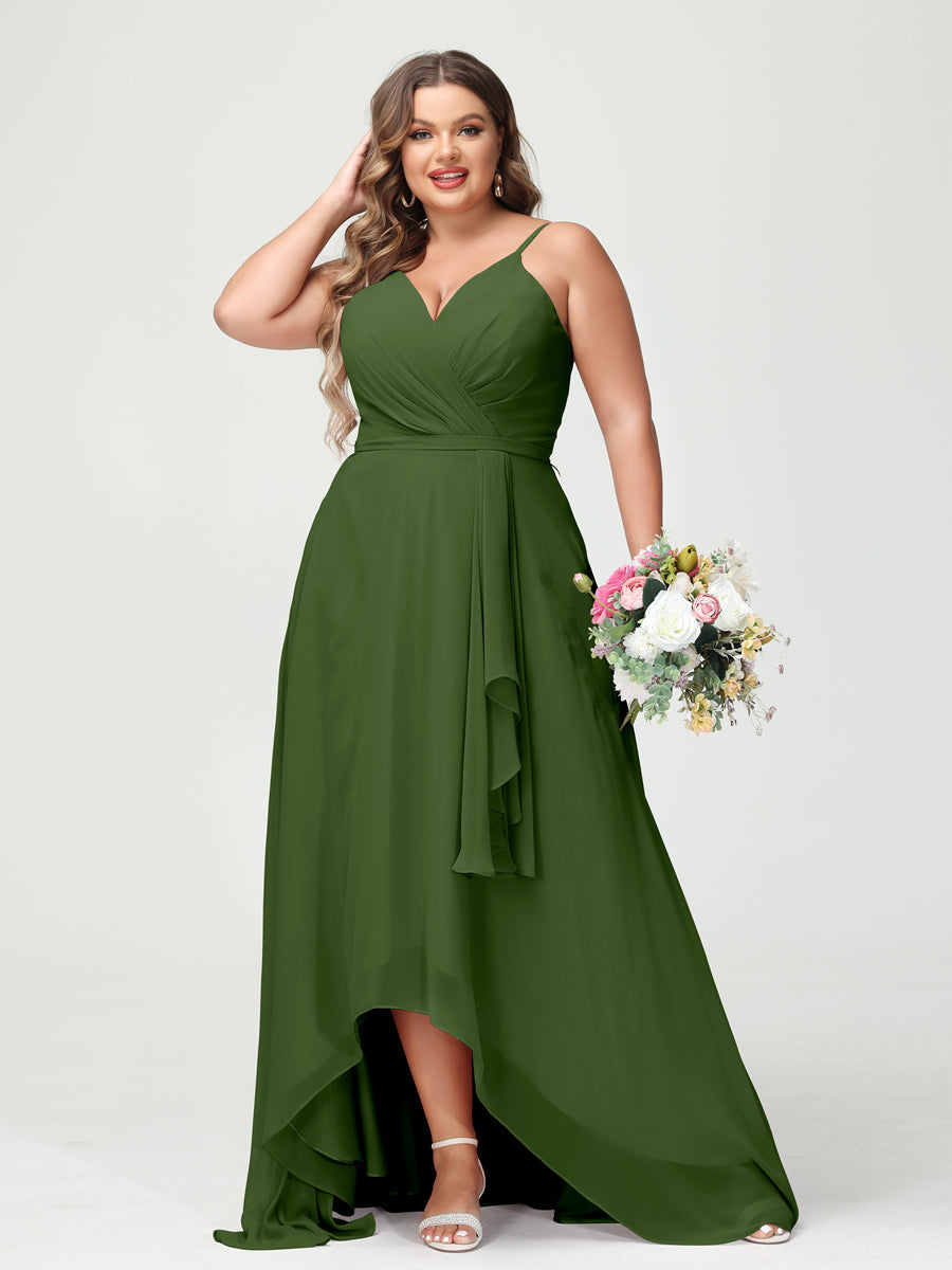 A-Line/Princess Spaghetti Straps Chiffon Ruffles Asymmetrical Plus Size Bridesmaid Dresses with Pockets Olive Green