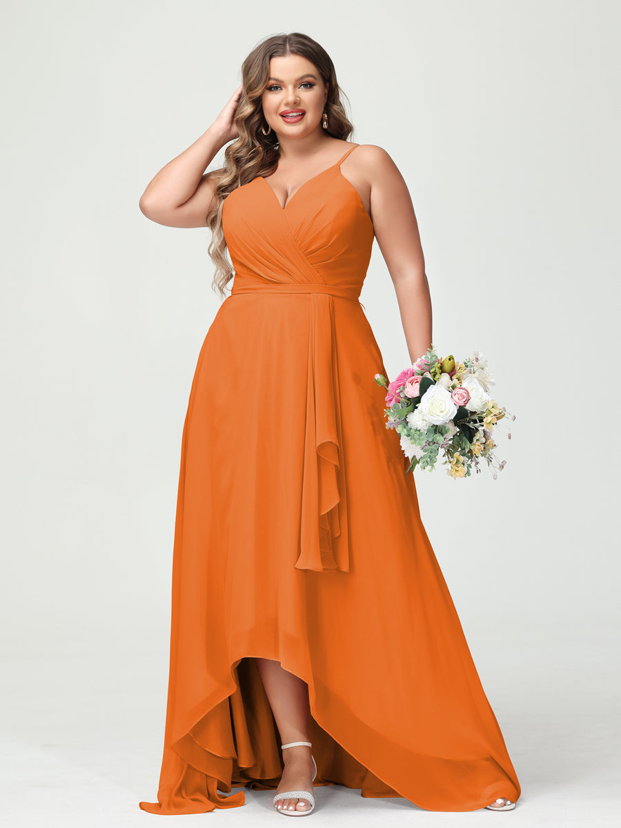 A-Line/Princess Spaghetti Straps Chiffon Ruffles Asymmetrical Plus Size Bridesmaid Dresses with Pockets Orange