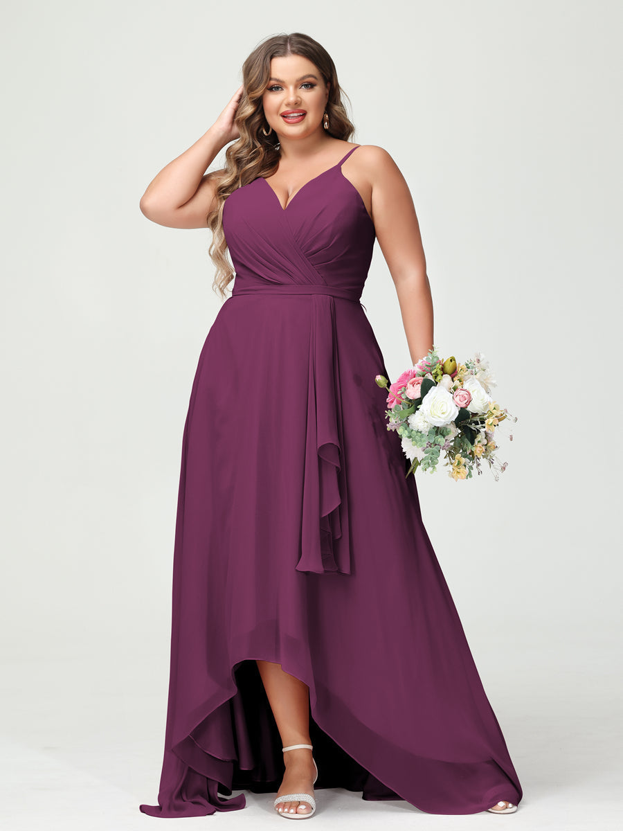 A-Line/Princess Spaghetti Straps Chiffon Ruffles Asymmetrical Plus Size Bridesmaid Dresses with Pockets Orchid
