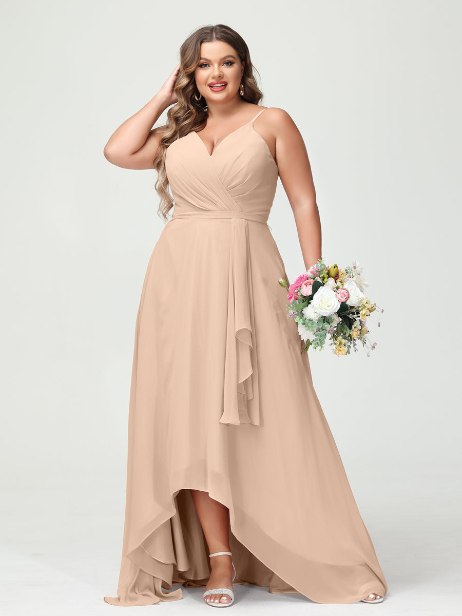 A-Line/Princess Spaghetti Straps Chiffon Ruffles Asymmetrical Plus Size Bridesmaid Dresses with Pockets Peach Pink