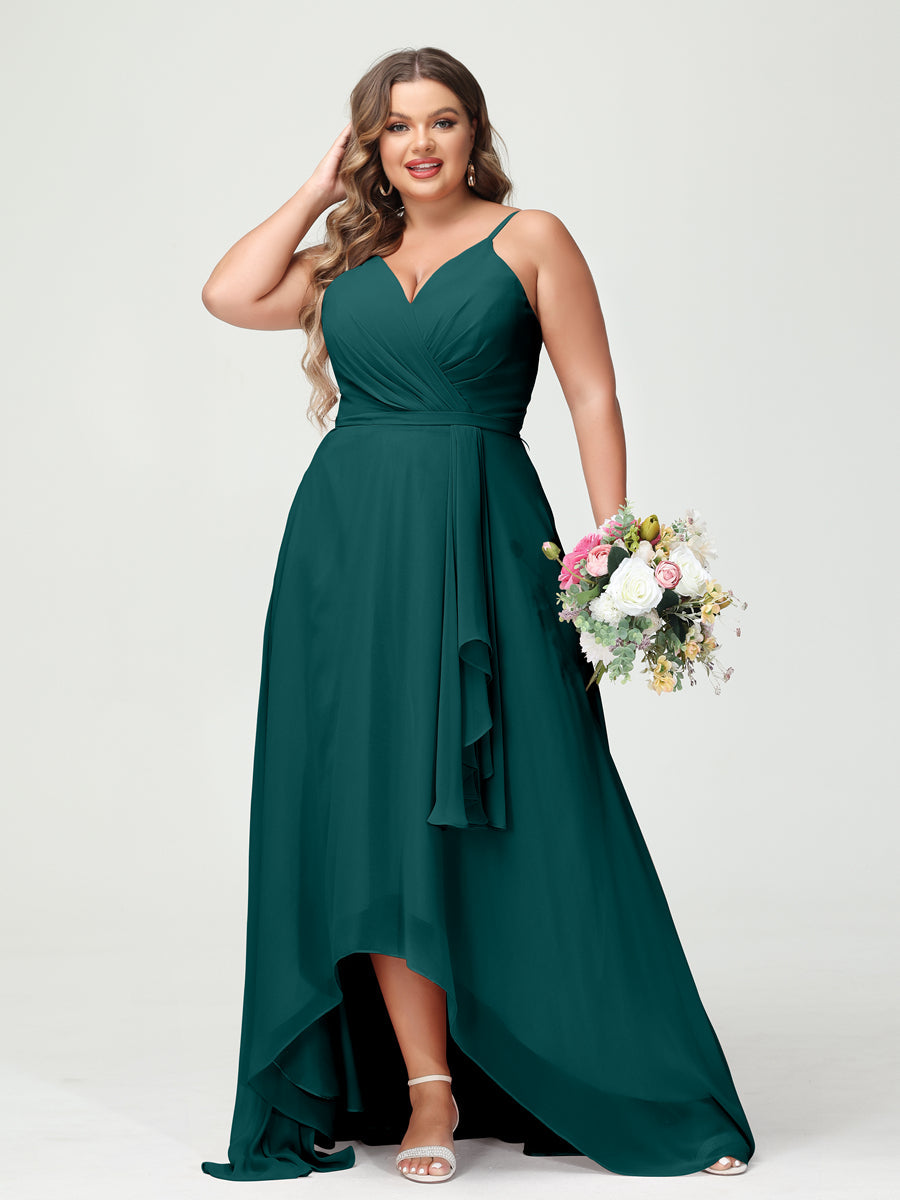 A-Line/Princess Spaghetti Straps Chiffon Ruffles Asymmetrical Plus Size Bridesmaid Dresses with Pockets Peacock