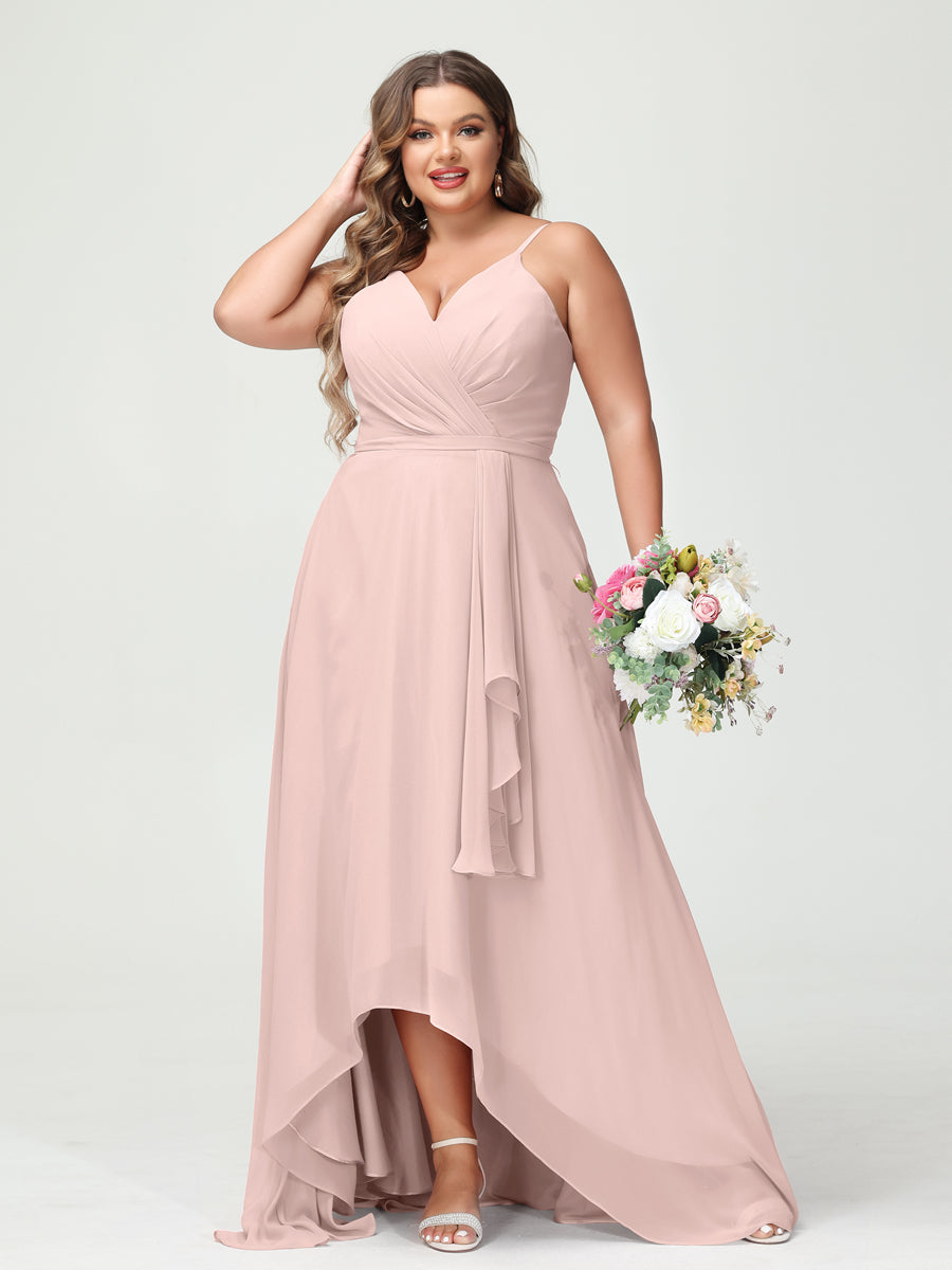 A-Line/Princess Spaghetti Straps Chiffon Ruffles Asymmetrical Plus Size Bridesmaid Dresses with Pockets Pearl Pink