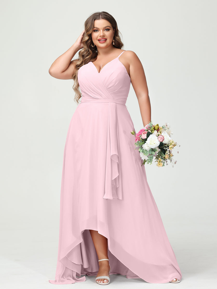 A-Line/Princess Spaghetti Straps Chiffon Ruffles Asymmetrical Plus Size Bridesmaid Dresses with Pockets Pink