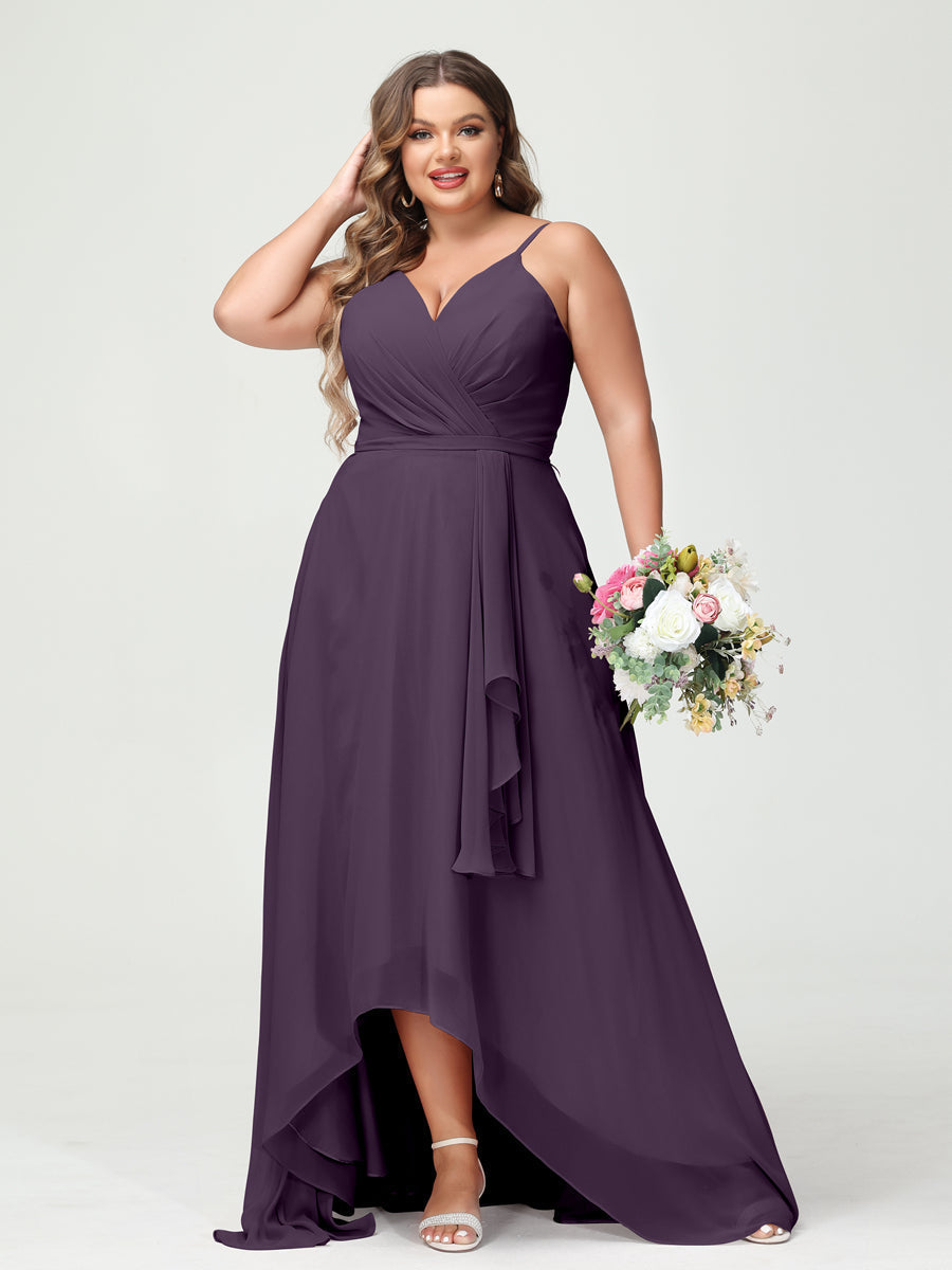 A-Line/Princess Spaghetti Straps Chiffon Ruffles Asymmetrical Plus Size Bridesmaid Dresses with Pockets Plum