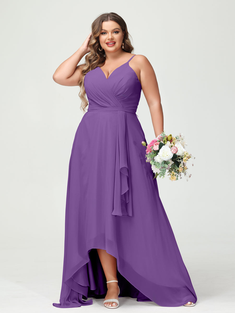 A-Line/Princess Spaghetti Straps Chiffon Ruffles Asymmetrical Plus Size Bridesmaid Dresses with Pockets Purple