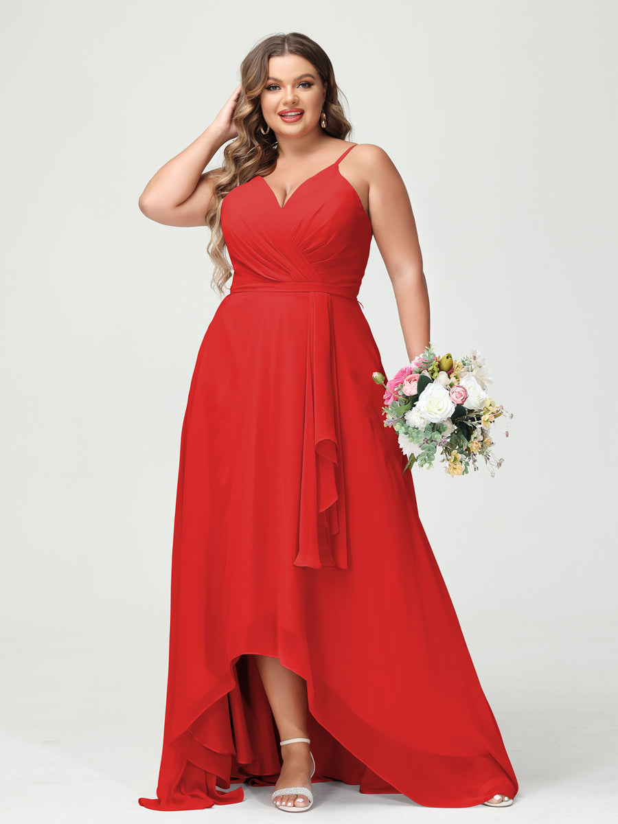 A-Line/Princess Spaghetti Straps Chiffon Ruffles Asymmetrical Plus Size Bridesmaid Dresses with Pockets Red