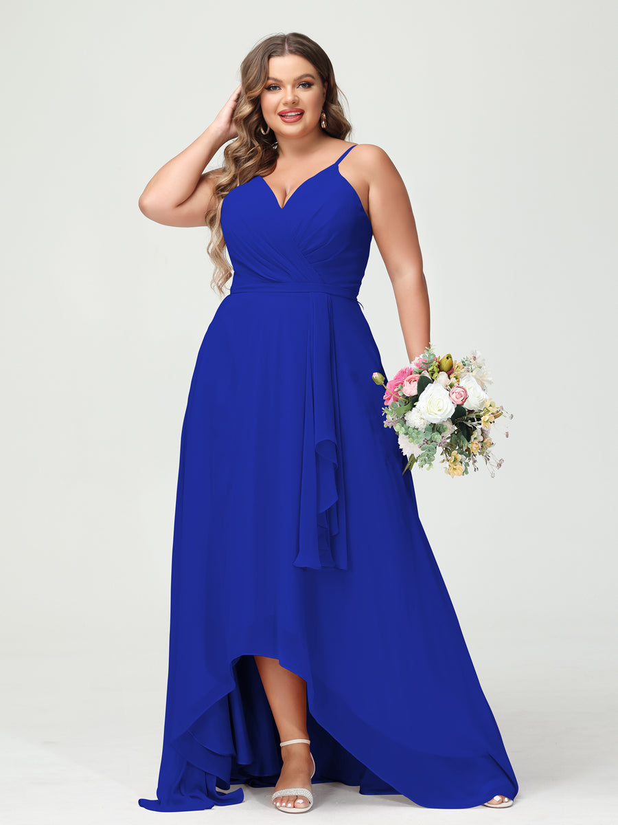 A-Line/Princess Spaghetti Straps Chiffon Ruffles Asymmetrical Plus Size Bridesmaid Dresses with Pockets Royal Blue