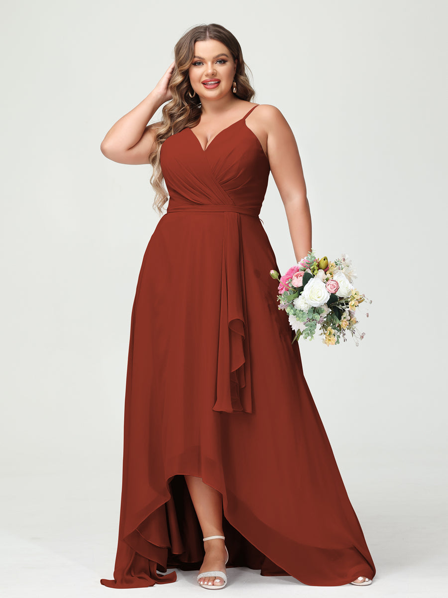 A-Line/Princess Spaghetti Straps Chiffon Ruffles Asymmetrical Plus Size Bridesmaid Dresses with Pockets Rust