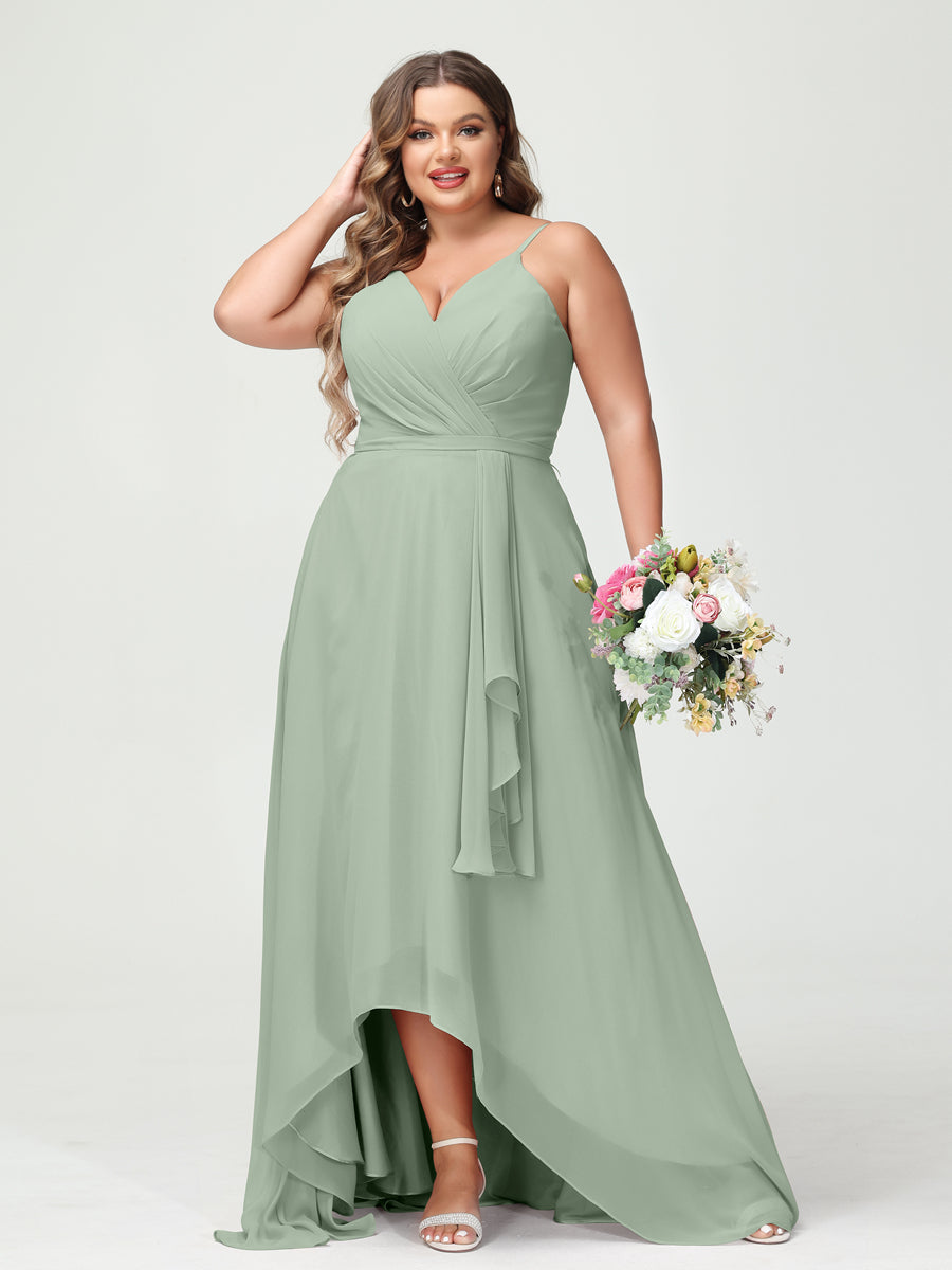 A-Line/Princess Spaghetti Straps Chiffon Ruffles Asymmetrical Plus Size Bridesmaid Dresses with Pockets Sage