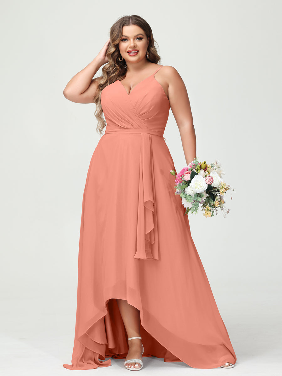A-Line/Princess Spaghetti Straps Chiffon Ruffles Asymmetrical Plus Size Bridesmaid Dresses with Pockets Salmon