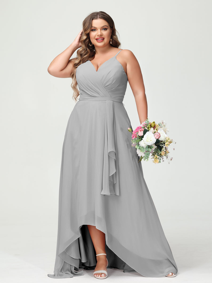 A-Line/Princess Spaghetti Straps Chiffon Ruffles Asymmetrical Plus Size Bridesmaid Dresses with Pockets Silver