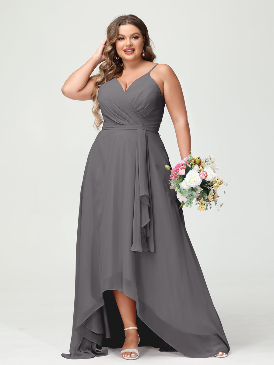 A-Line/Princess Spaghetti Straps Chiffon Ruffles Asymmetrical Plus Size Bridesmaid Dresses with Pockets Silver Gray