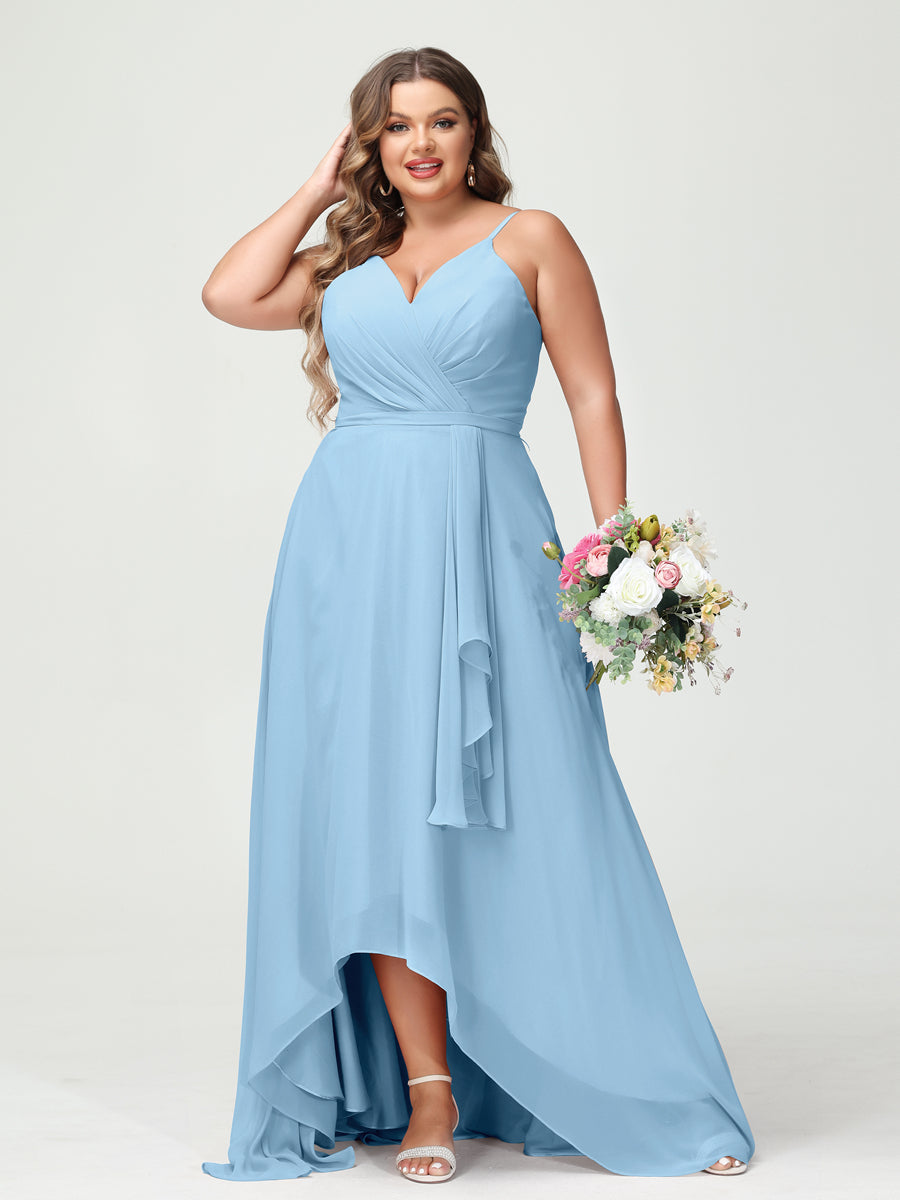 A-Line/Princess Spaghetti Straps Chiffon Ruffles Asymmetrical Plus Size Bridesmaid Dresses with Pockets Sky Blue