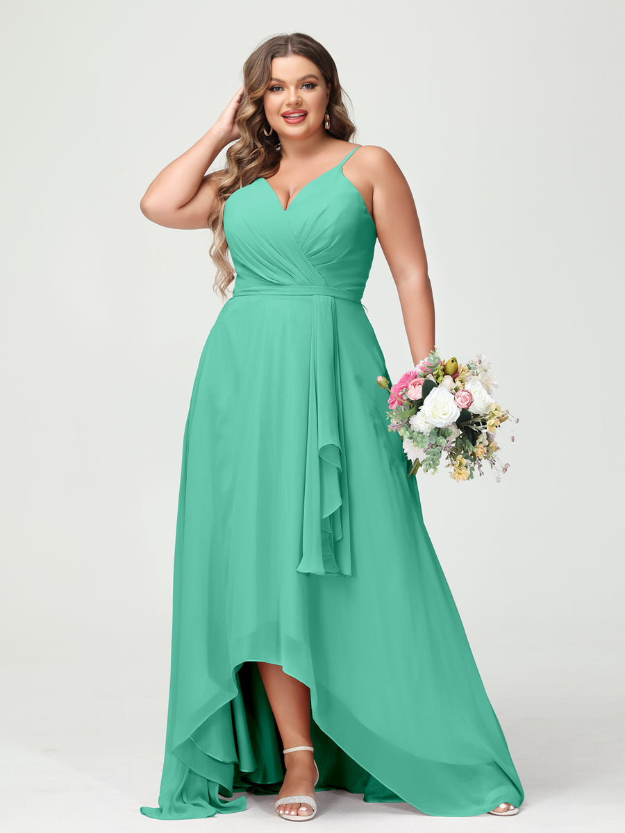 A-Line/Princess Spaghetti Straps Chiffon Ruffles Asymmetrical Plus Size Bridesmaid Dresses with Pockets Spa