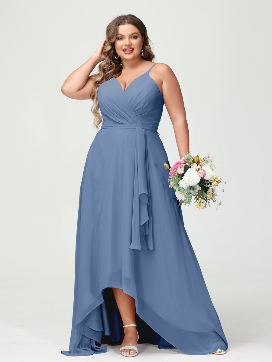 A-Line/Princess Spaghetti Straps Chiffon Ruffles Asymmetrical Plus Size Bridesmaid Dresses with Pockets Steel Blue