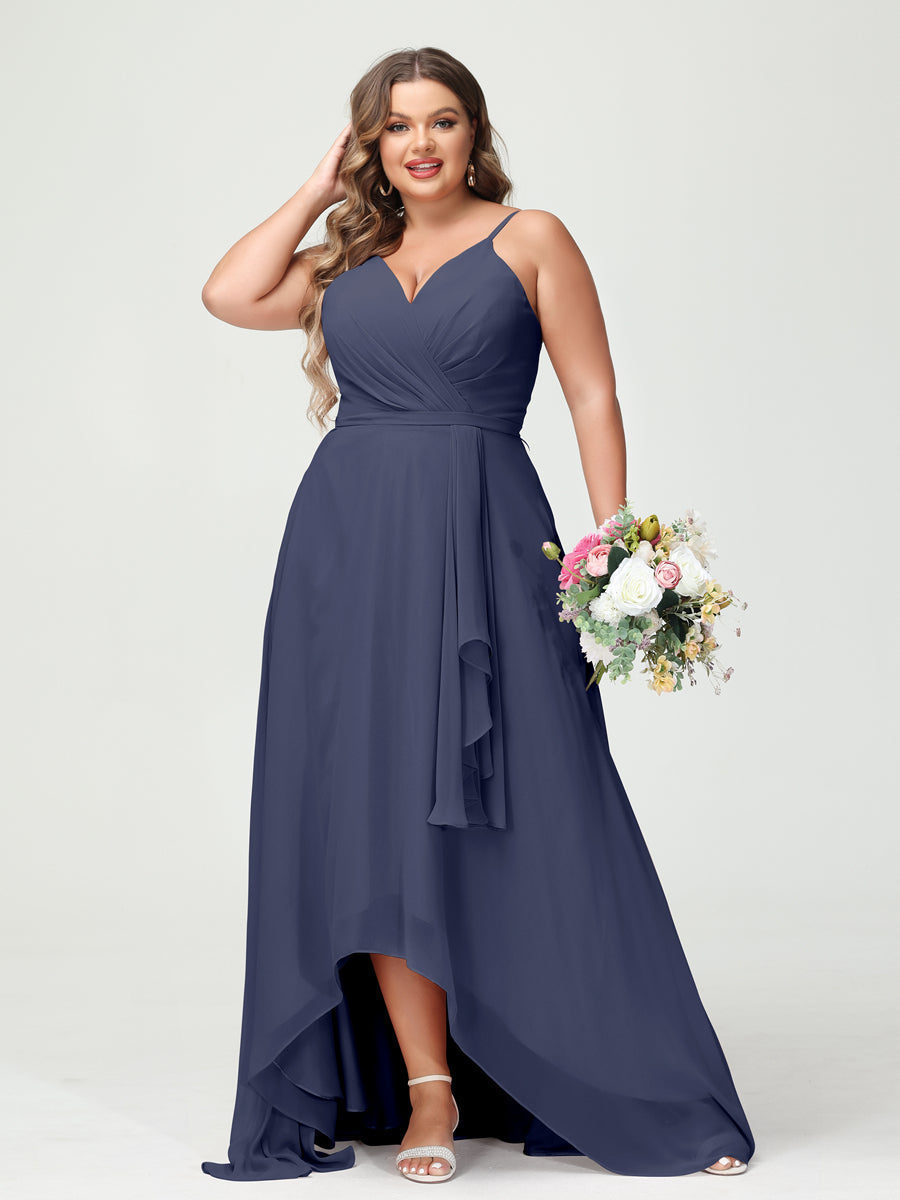 A-Line/Princess Spaghetti Straps Chiffon Ruffles Asymmetrical Plus Size Bridesmaid Dresses with Pockets Stormy Blue