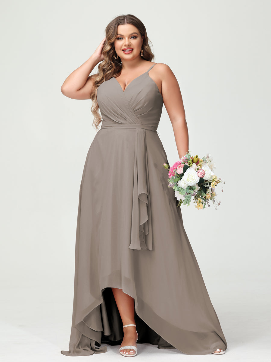 A-Line/Princess Spaghetti Straps Chiffon Ruffles Asymmetrical Plus Size Bridesmaid Dresses with Pockets Taupe