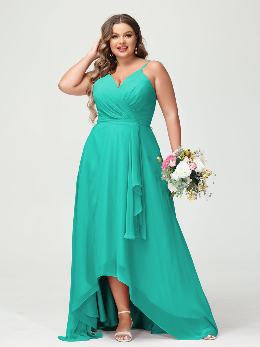 A-Line/Princess Spaghetti Straps Chiffon Ruffles Asymmetrical Plus Size Bridesmaid Dresses with Pockets Turquoise