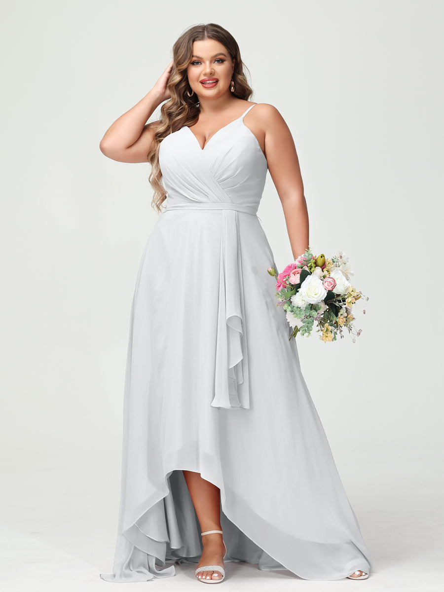 A-Line/Princess Spaghetti Straps Chiffon Ruffles Asymmetrical Plus Size Bridesmaid Dresses with Pockets White