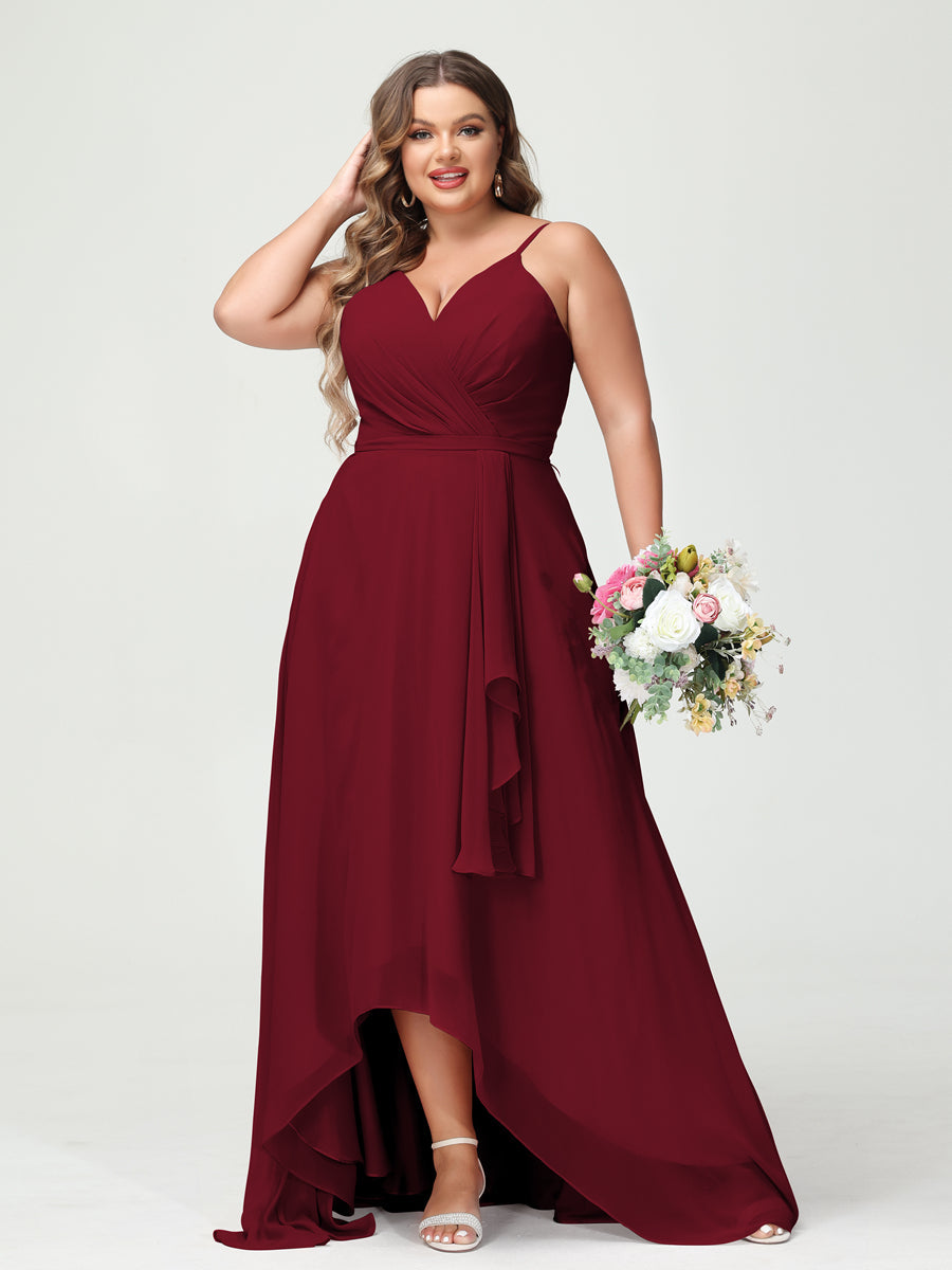 A-Line/Princess Spaghetti Straps Chiffon Ruffles Asymmetrical Plus Size Bridesmaid Dresses with Pockets Wine Red