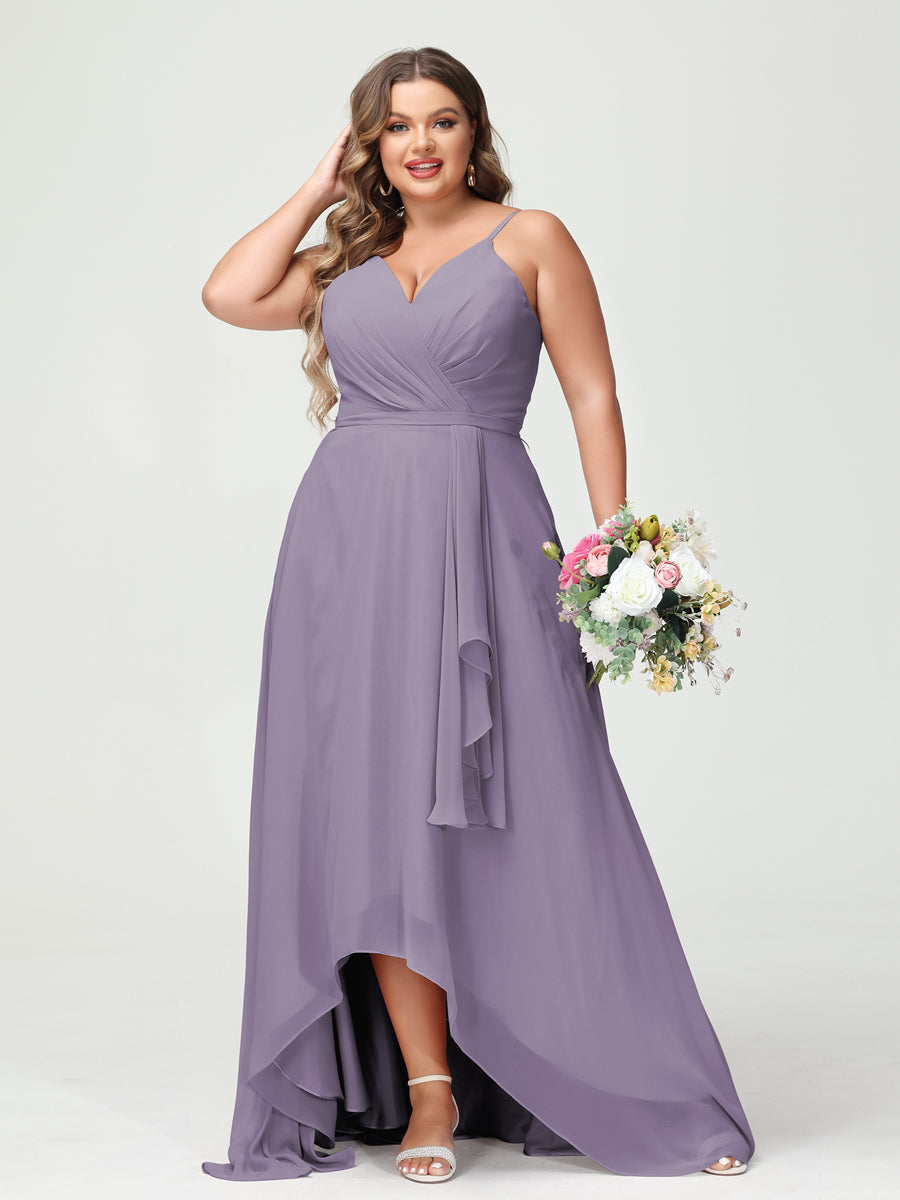 A-Line/Princess Spaghetti Straps Chiffon Ruffles Asymmetrical Plus Size Bridesmaid Dresses with Pockets Wisteria