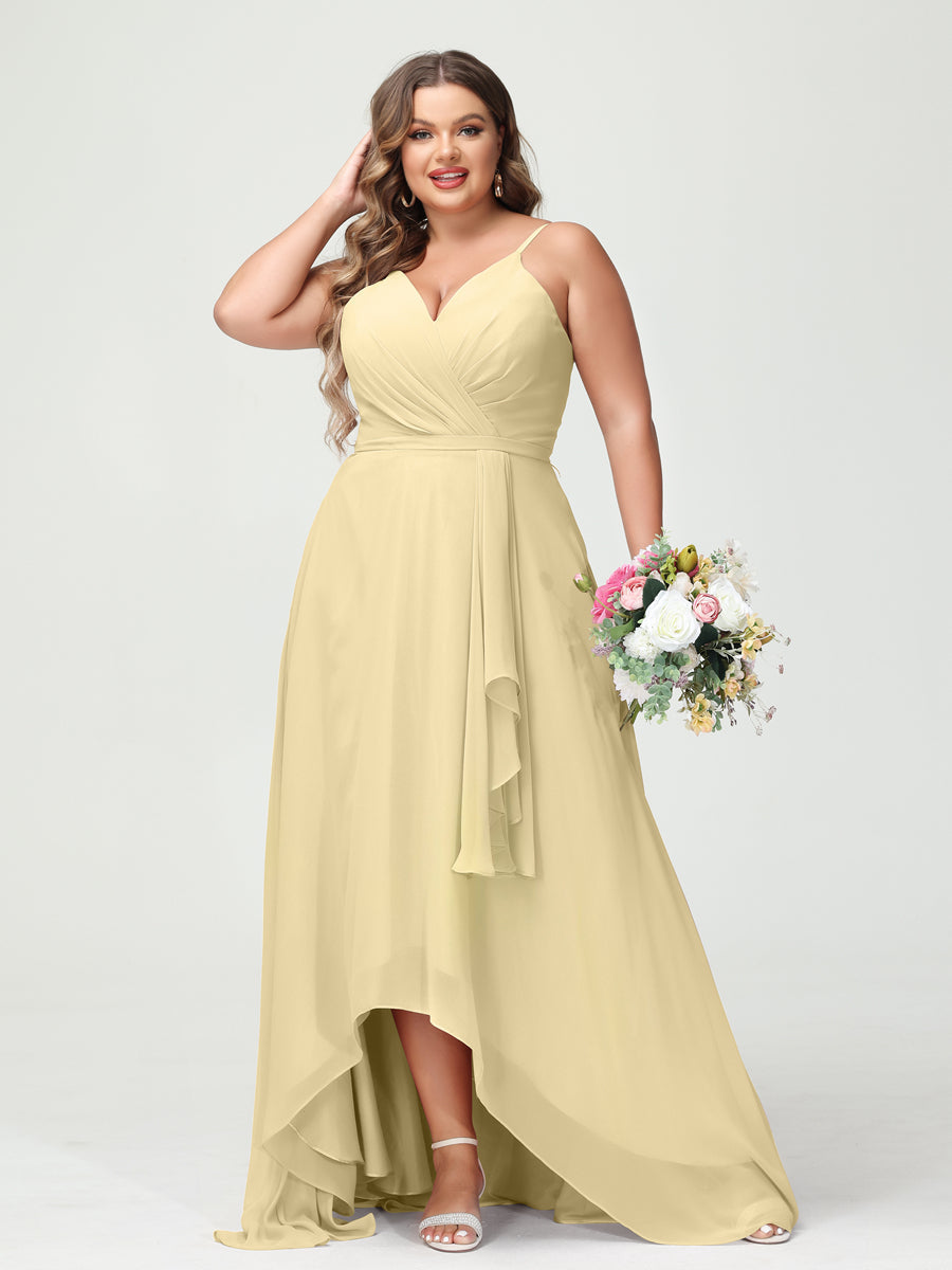 A-Line/Princess Spaghetti Straps Chiffon Ruffles Asymmetrical Plus Size Bridesmaid Dresses with Pockets Yellow