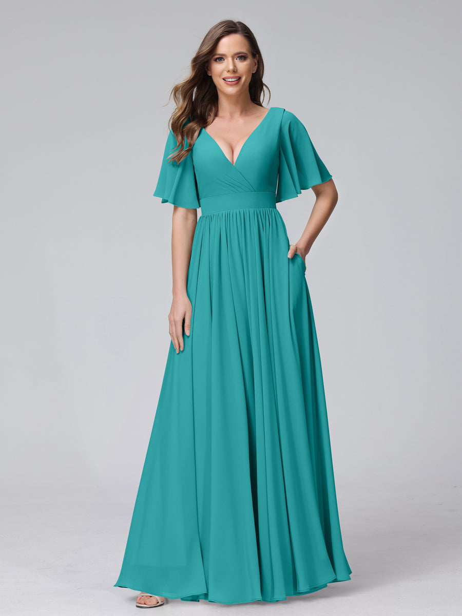 A-Line V-Neck Half Sleeves Long Chiffon Bridesmaid Dresses with Ruffles Split Side Pockets Aqua Blue